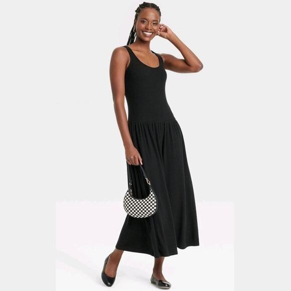 Universal Thread Women's Ribbed Drop Waist Knit Midi Slip Dress Black Medium - Picture 1 of 6
